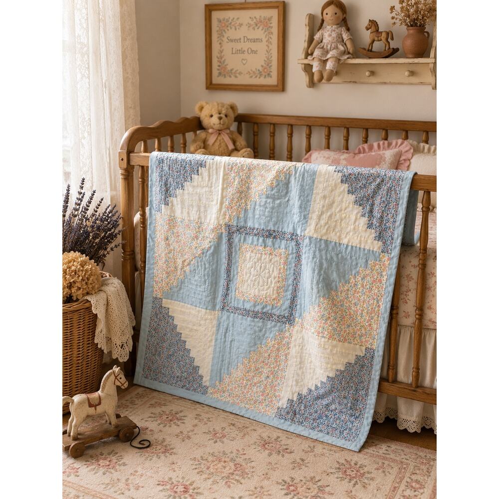 Vintage Handmade Log Cabin Quilt Cottagecore Nursery 28.5” Pastel Floral